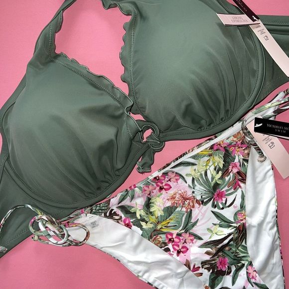 Victoria's Secret 36DD BIKINI M,XXL bottom OLIVE GREEN BLACK pink PALM orchid - Picture 2 of 5